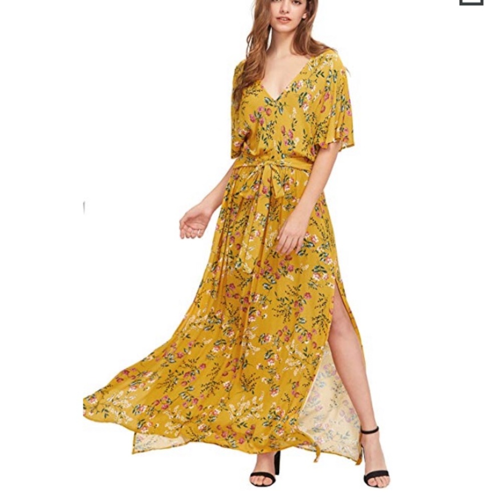 Boho Floral split Tie Waist Maxi